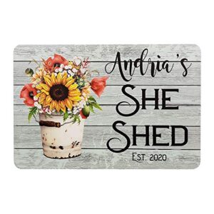 personalized she shed metal sign with wood look，sun flower home decor wall art shed accessories