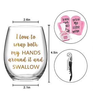 I Love Wrap Both My Hands Around It and Swallow It Stemless Wine Glass with Cupcake Wine Socks and Bottle Opener - Funny Wine Glass Gift for Women, Friends, Sisters, Girls, Wine Lover, Mom 15Oz
