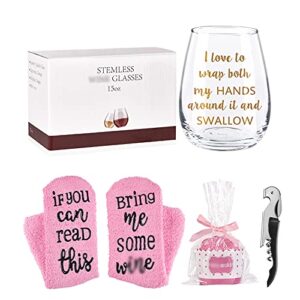 i love wrap both my hands around it and swallow it stemless wine glass with cupcake wine socks and bottle opener - funny wine glass gift for women, friends, sisters, girls, wine lover, mom 15oz