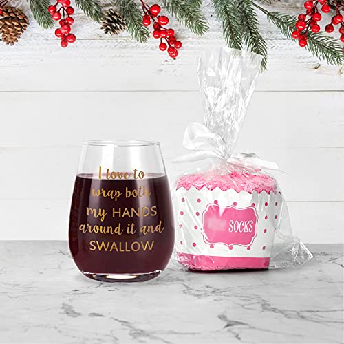 I Love Wrap Both My Hands Around It and Swallow It Stemless Wine Glass with Cupcake Wine Socks and Bottle Opener - Funny Wine Glass Gift for Women, Friends, Sisters, Girls, Wine Lover, Mom 15Oz