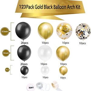 123 Pack Gold Black Balloon Arch Garland Kit, White Gold Black Confetti Balloons for Graduation Party Wedding Birthday Baby Shower Decorations