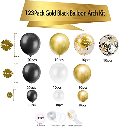 123 Pack Gold Black Balloon Arch Garland Kit, White Gold Black Confetti Balloons for Graduation Party Wedding Birthday Baby Shower Decorations