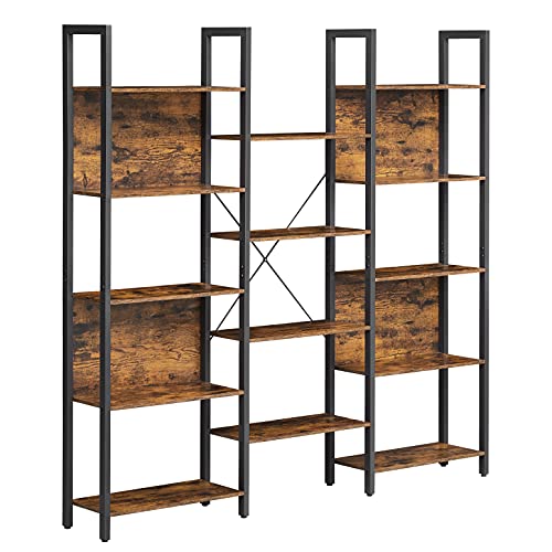 VASAGLE 5 Tier Large Bookshelf, Triple Wide Bookcase with 14 Storage Shelves, Living Room, Study, Office, Industrial Style, Rustic Brown and Black ULLS107B01