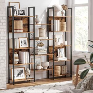 VASAGLE 5 Tier Large Bookshelf, Triple Wide Bookcase with 14 Storage Shelves, Living Room, Study, Office, Industrial Style, Rustic Brown and Black ULLS107B01