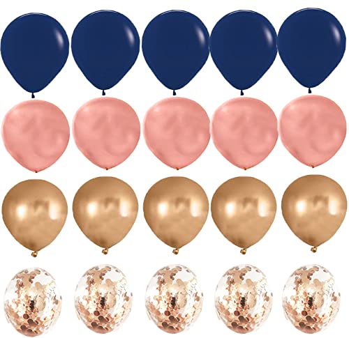 Navy Blue Rose Gold Confetti Balloons 20pcs for Birthday Party Decorations for Women/Navy Rose Gold Latex Balloons for Wedding/Baby Shower Navy Pink Gender Reveal Party Decorations