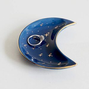bihoib small moon jewelry dish tray, decorative ceramic trinket dish, modern accent tray for vanity, blue
