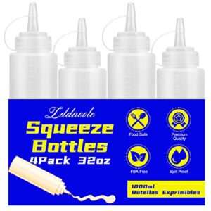 zddaoole 4 pack 32oz plastic squeeze bottles,1000ml condiment squeeze bottles with twist on cap lids,perfect for ketchup, bbq, sauces, syrup, condiments, dressings, arts and crafts