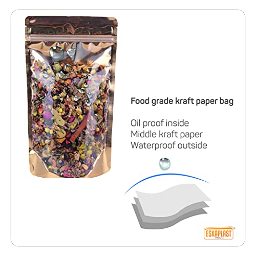 50 Pcs Resealable Bags, Kraft Stand Up Pouches, Zip Lock Storage & Packaging Bag, Food Storage Bags, Reusable Ziplock Bags with Window (Transparent Gold, 11x18.5 cm (4.3x7.2 inch))