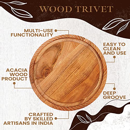 K & R Wood Trivet for hot pots and Pans | Natural Acacia Wood | Trivets for hot Dishes | Reversible Wood Cutting Board | Wooden Trivet and 2 hot Pads for Kitchen | Multiuse Wood Serving Board