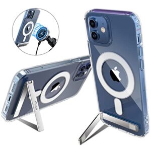 chitri compatible for iphone 12 case/12 pro case clear 6.1, [three-way stand magnetic case] compatible with magsafe charger [with metal kickstand] transparent hard back slim shockproof protective case