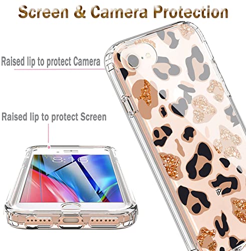 YiYiYaYa for iPhone SE 2022 Case, iPhone SE 2020 Case with Built in Screen Protector, Clear Floral Pattern for Girls Women, Full Body Shockproof Case for iPhone 6/6S/7/8/SE 2020/2022 Golden Leopard