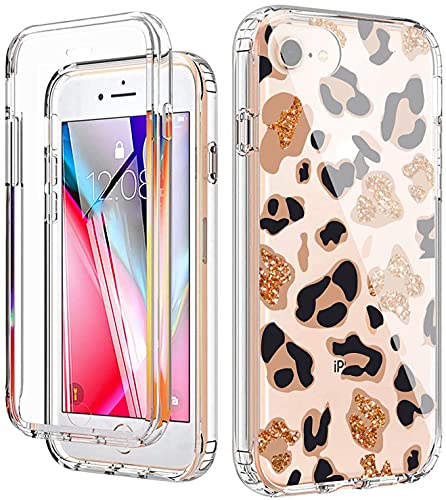 YiYiYaYa for iPhone SE 2022 Case, iPhone SE 2020 Case with Built in Screen Protector, Clear Floral Pattern for Girls Women, Full Body Shockproof Case for iPhone 6/6S/7/8/SE 2020/2022 Golden Leopard