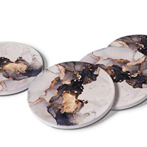 RoomTalks Black and Gold Marble Coasters for Drinks Absorbent 4 PCS Abstract Cool Alcohol Ink Ceramic Coaster Set Cork Back Modern Art Cup Coasters for Wooden/Coffee Table (Black, 4 Pieces)