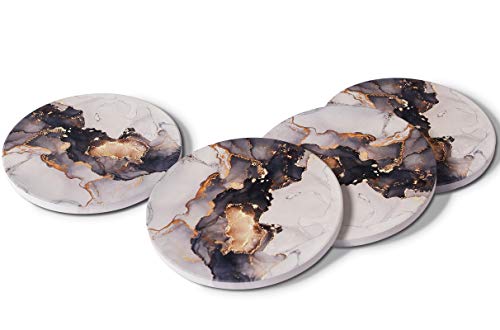 RoomTalks Black and Gold Marble Coasters for Drinks Absorbent 4 PCS Abstract Cool Alcohol Ink Ceramic Coaster Set Cork Back Modern Art Cup Coasters for Wooden/Coffee Table (Black, 4 Pieces)