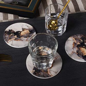 RoomTalks Black and Gold Marble Coasters for Drinks Absorbent 4 PCS Abstract Cool Alcohol Ink Ceramic Coaster Set Cork Back Modern Art Cup Coasters for Wooden/Coffee Table (Black, 4 Pieces)