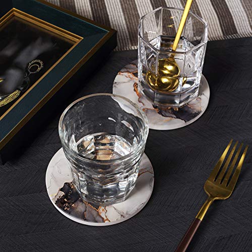 RoomTalks Black and Gold Marble Coasters for Drinks Absorbent 4 PCS Abstract Cool Alcohol Ink Ceramic Coaster Set Cork Back Modern Art Cup Coasters for Wooden/Coffee Table (Black, 4 Pieces)