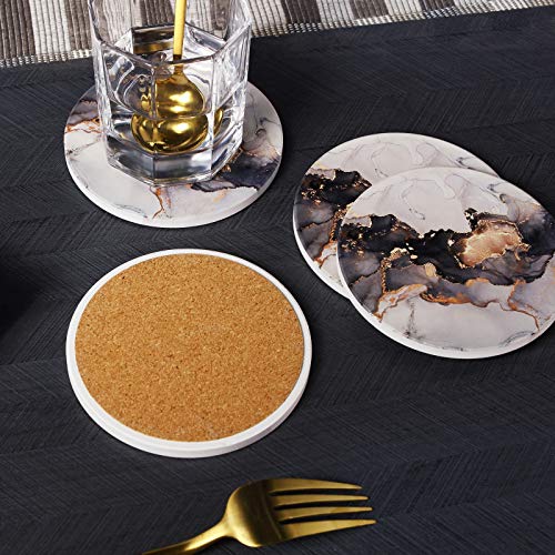 RoomTalks Black and Gold Marble Coasters for Drinks Absorbent 4 PCS Abstract Cool Alcohol Ink Ceramic Coaster Set Cork Back Modern Art Cup Coasters for Wooden/Coffee Table (Black, 4 Pieces)