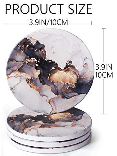 RoomTalks Black and Gold Marble Coasters for Drinks Absorbent 4 PCS Abstract Cool Alcohol Ink Ceramic Coaster Set Cork Back Modern Art Cup Coasters for Wooden/Coffee Table (Black, 4 Pieces)