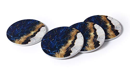 RoomTalks Blue and Gold Marble Coasters for Drinks Absorbent 4PCS Modern Abstract Ceramic Coaster Set Cork Back Glitter Stone Coasters for Wooden/Coffee Table (Navy, 4 Pieces)