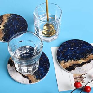 RoomTalks Blue and Gold Marble Coasters for Drinks Absorbent 4PCS Modern Abstract Ceramic Coaster Set Cork Back Glitter Stone Coasters for Wooden/Coffee Table (Navy, 4 Pieces)