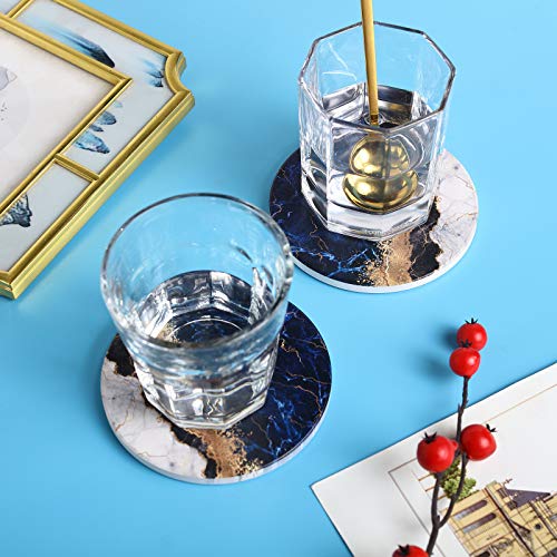 RoomTalks Blue and Gold Marble Coasters for Drinks Absorbent 4PCS Modern Abstract Ceramic Coaster Set Cork Back Glitter Stone Coasters for Wooden/Coffee Table (Navy, 4 Pieces)