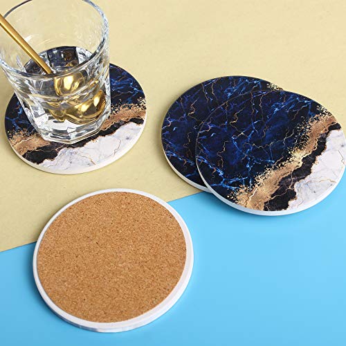 RoomTalks Blue and Gold Marble Coasters for Drinks Absorbent 4PCS Modern Abstract Ceramic Coaster Set Cork Back Glitter Stone Coasters for Wooden/Coffee Table (Navy, 4 Pieces)