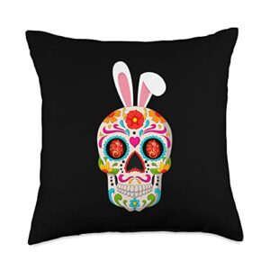 alexamerch sugar skull easter sugar skull with bunny ears and easter eggs throw pillow, 18x18, multicolor