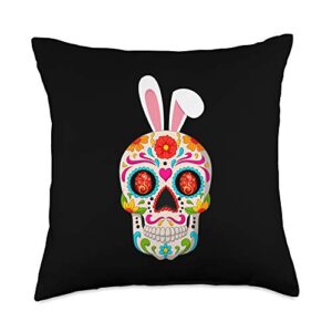 Alexamerch Sugar Skull Easter Sugar Skull with Bunny Ears and Easter Eggs Throw Pillow, 18x18, Multicolor