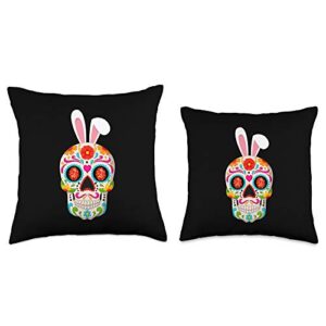 Alexamerch Sugar Skull Easter Sugar Skull with Bunny Ears and Easter Eggs Throw Pillow, 18x18, Multicolor