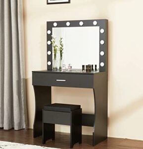 vanity table set with lighted mirror, makeup vanity desk for girls women, larger drawer and cushioned stool with extra storage space