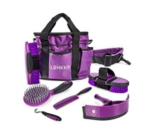 7-piece horse grooming kit with organizer tote bag, tack room supplies set with assorted hair and curry brushes, hoof pick, and sweat scraper, great groomer gift, horse riders, beginner, advanced, purple or blue avail