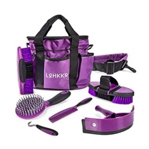 7-Piece Horse Grooming Kit with Organizer Tote Bag, Tack Room Supplies Set with Assorted Hair and Curry Brushes, Hoof Pick, and Sweat Scraper, Great Groomer Gift, Horse Riders, Beginner, Advanced, Purple OR Blue Avail