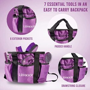 7-Piece Horse Grooming Kit with Organizer Tote Bag, Tack Room Supplies Set with Assorted Hair and Curry Brushes, Hoof Pick, and Sweat Scraper, Great Groomer Gift, Horse Riders, Beginner, Advanced, Purple OR Blue Avail