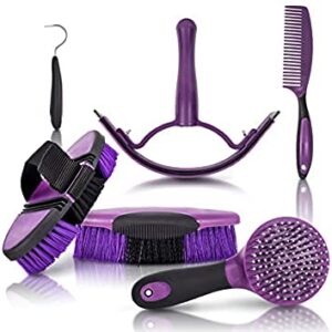 7-Piece Horse Grooming Kit with Organizer Tote Bag, Tack Room Supplies Set with Assorted Hair and Curry Brushes, Hoof Pick, and Sweat Scraper, Great Groomer Gift, Horse Riders, Beginner, Advanced, Purple OR Blue Avail