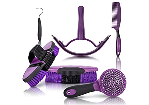 7-Piece Horse Grooming Kit with Organizer Tote Bag, Tack Room Supplies Set with Assorted Hair and Curry Brushes, Hoof Pick, and Sweat Scraper, Great Groomer Gift, Horse Riders, Beginner, Advanced, Purple OR Blue Avail