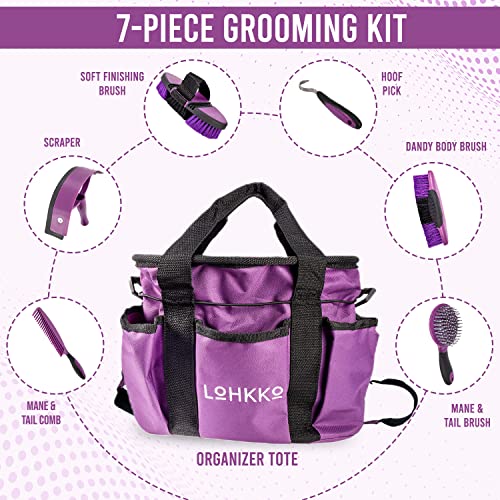 7-Piece Horse Grooming Kit with Organizer Tote Bag, Tack Room Supplies Set with Assorted Hair and Curry Brushes, Hoof Pick, and Sweat Scraper, Great Groomer Gift, Horse Riders, Beginner, Advanced, Purple OR Blue Avail