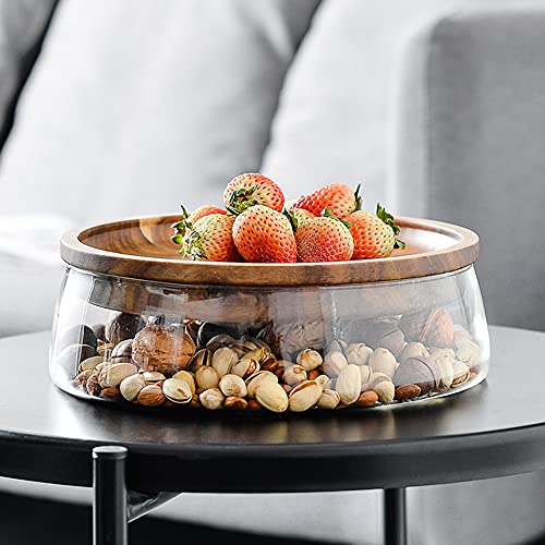 Ytzada Glass Candy and Nuts Serving Container with Wooden Lid, Round Food Storage Platter, Snack Tray Bread Plates Salad Fruit Vegetable Large Bowls