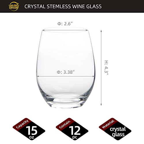 FAWLES Crystal Stemless Wine Glasses Set of 12, 15 Ounce Smooth Rim Standard Wine Glass Tumbler for Red, White Wine, Dishwasher Safe