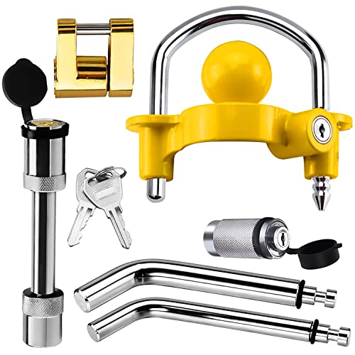 Trailer Hitch Security Lock Set Including Yellow U-Shaped Universal Ball Hitch Lock #72783, 1/2" and 5/8" Receiver Hitch Pin Lock, Golden Trailer Hitch Lock Coupler Locking Pin, Share the Same 2 Keys