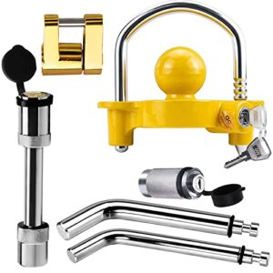 trailer hitch security lock set including yellow u-shaped universal ball hitch lock #72783, 1/2" and 5/8" receiver hitch pin lock, golden trailer hitch lock coupler locking pin, share the same 2 keys