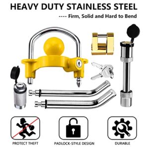 Trailer Hitch Security Lock Set Including Yellow U-Shaped Universal Ball Hitch Lock #72783, 1/2" and 5/8" Receiver Hitch Pin Lock, Golden Trailer Hitch Lock Coupler Locking Pin, Share the Same 2 Keys