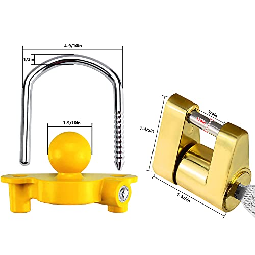 Trailer Hitch Security Lock Set Including Yellow U-Shaped Universal Ball Hitch Lock #72783, 1/2" and 5/8" Receiver Hitch Pin Lock, Golden Trailer Hitch Lock Coupler Locking Pin, Share the Same 2 Keys