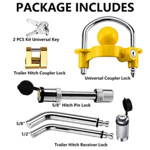 Trailer Hitch Security Lock Set Including Yellow U-Shaped Universal Ball Hitch Lock #72783, 1/2" and 5/8" Receiver Hitch Pin Lock, Golden Trailer Hitch Lock Coupler Locking Pin, Share the Same 2 Keys