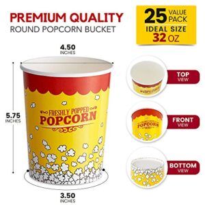 [25 Pack] Popcorn Buckets Disposable - 32 Oz Yellow and Red Paper Popcorn Containers - Solo Popcorn Tubs for Home and Theater Movie Night - Popcorn Cups for Circus, Carnival Theme Party Decorations