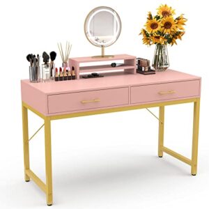westree women makeup vanity desk with 2 drawers - bedroom home office desk, wooden height monitor stand & storage shelf without mirror, pink table great gift for her
