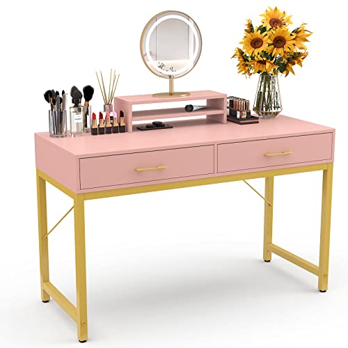 WESTREE Women Makeup Vanity Desk with 2 Drawers - Bedroom Home Office Desk, Wooden Height Monitor Stand & Storage Shelf Without Mirror, Pink Table Great Gift for Her