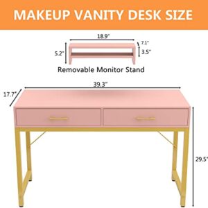 WESTREE Women Makeup Vanity Desk with 2 Drawers - Bedroom Home Office Desk, Wooden Height Monitor Stand & Storage Shelf Without Mirror, Pink Table Great Gift for Her