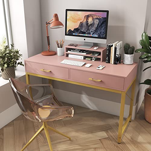 WESTREE Women Makeup Vanity Desk with 2 Drawers - Bedroom Home Office Desk, Wooden Height Monitor Stand & Storage Shelf Without Mirror, Pink Table Great Gift for Her