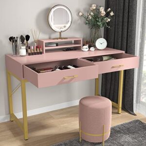 WESTREE Women Makeup Vanity Desk with 2 Drawers - Bedroom Home Office Desk, Wooden Height Monitor Stand & Storage Shelf Without Mirror, Pink Table Great Gift for Her