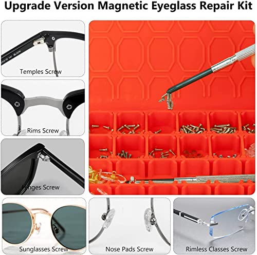 Magnetic Eye Glass Repairing Kit, Sunglasses Eyeglass Repair Kit with Eyeglass Screws，Include 10 Pairs of Screw-in Nose Pads, Screws, Screwdrivers, Tweezer and Cleaning Cloth for Glasses